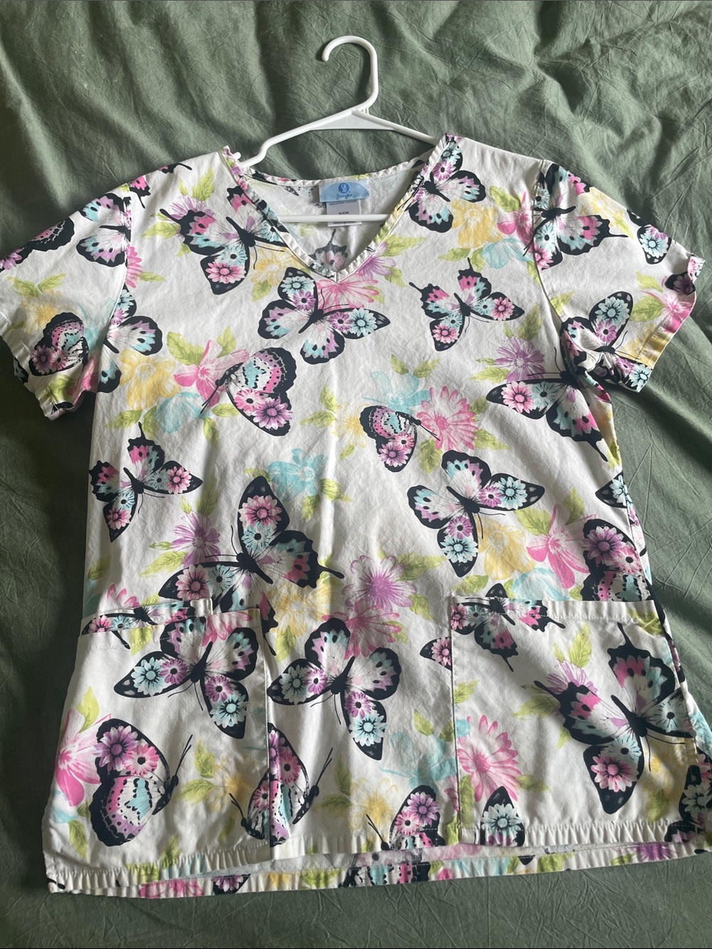 SB Scrubs White Butterfly Floral V-Neck Medical Scrub Top
